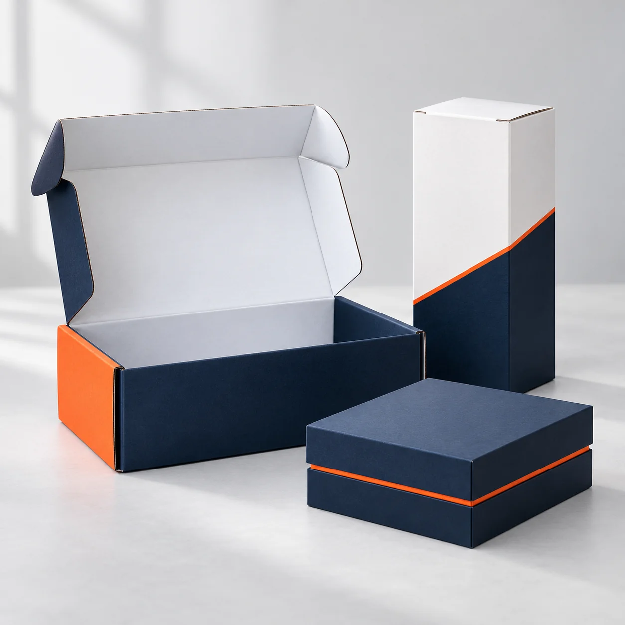 Navy mailer, white retail carton and rigid gift box with orange print details