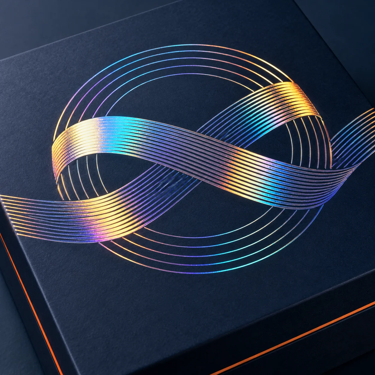 Rainbow holographic foil ribbons and circular lines on a navy box lid