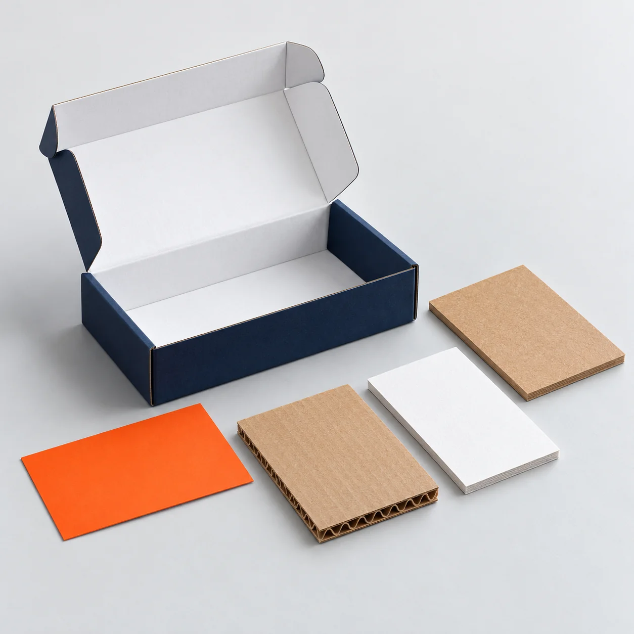 Open mailer with kraft, white paperboard and corrugated board sample swatches