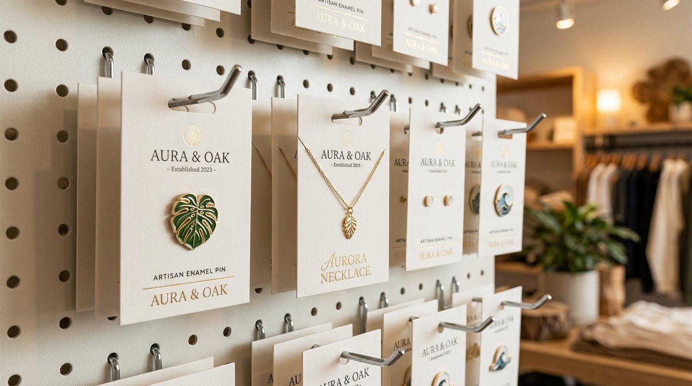 Custom Backing Cards on Retail Pegboard Hooks - Enamel Pins and Jewellery Merchandising