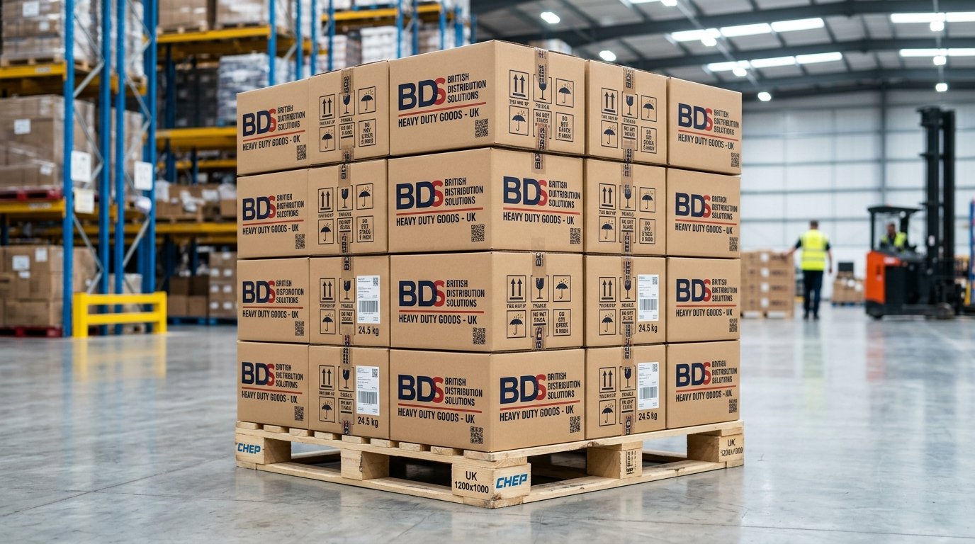 Custom Double Wall Cardboard Boxes Stacked on UK Warehouse Pallet - Stacking Rigidity and Logistics Reliability