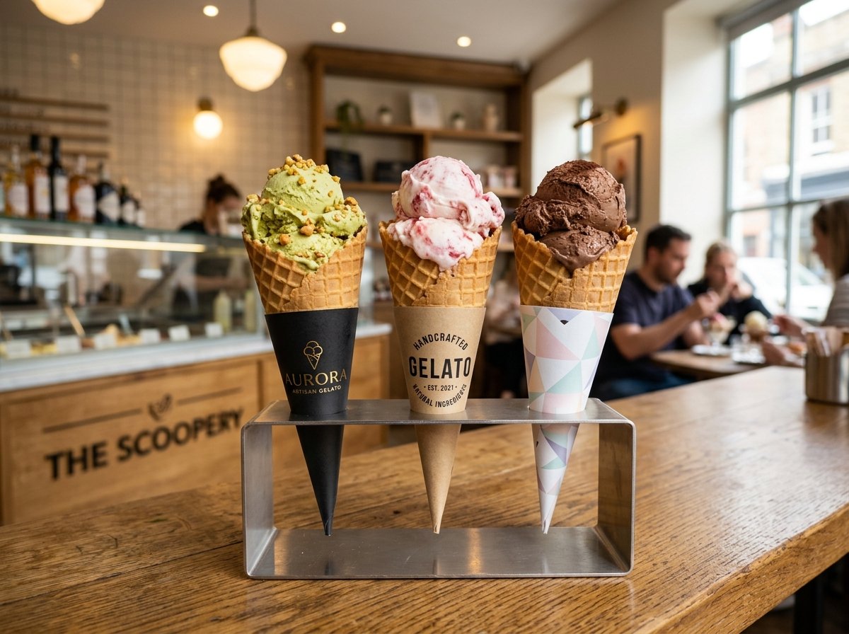 Custom Printed Ice Cream Cone Sleeves UK - Bespoke Branded Waffle and Sugar Cone Jackets