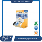 "Custom lip balm display box showcasing products in retail setting"